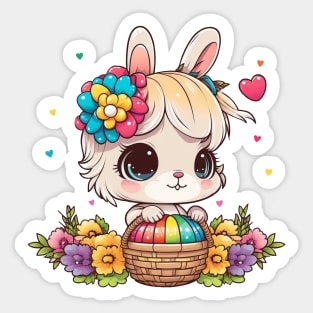 Happy Easter Baby Bunny With Flowers Sticker